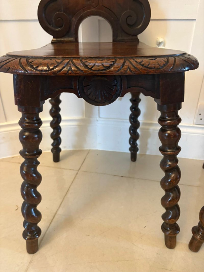 Pair of Antique Victorian Quality Carved Oak Hall Chairs - Image 15